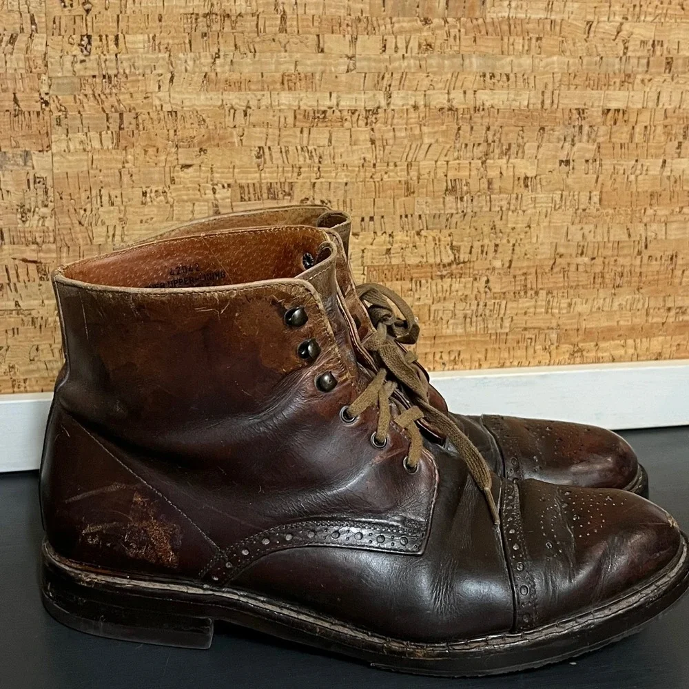 Vintage 90s Made Italy Mens 11 Leather Brogue Cap Toe Work Boots Brown